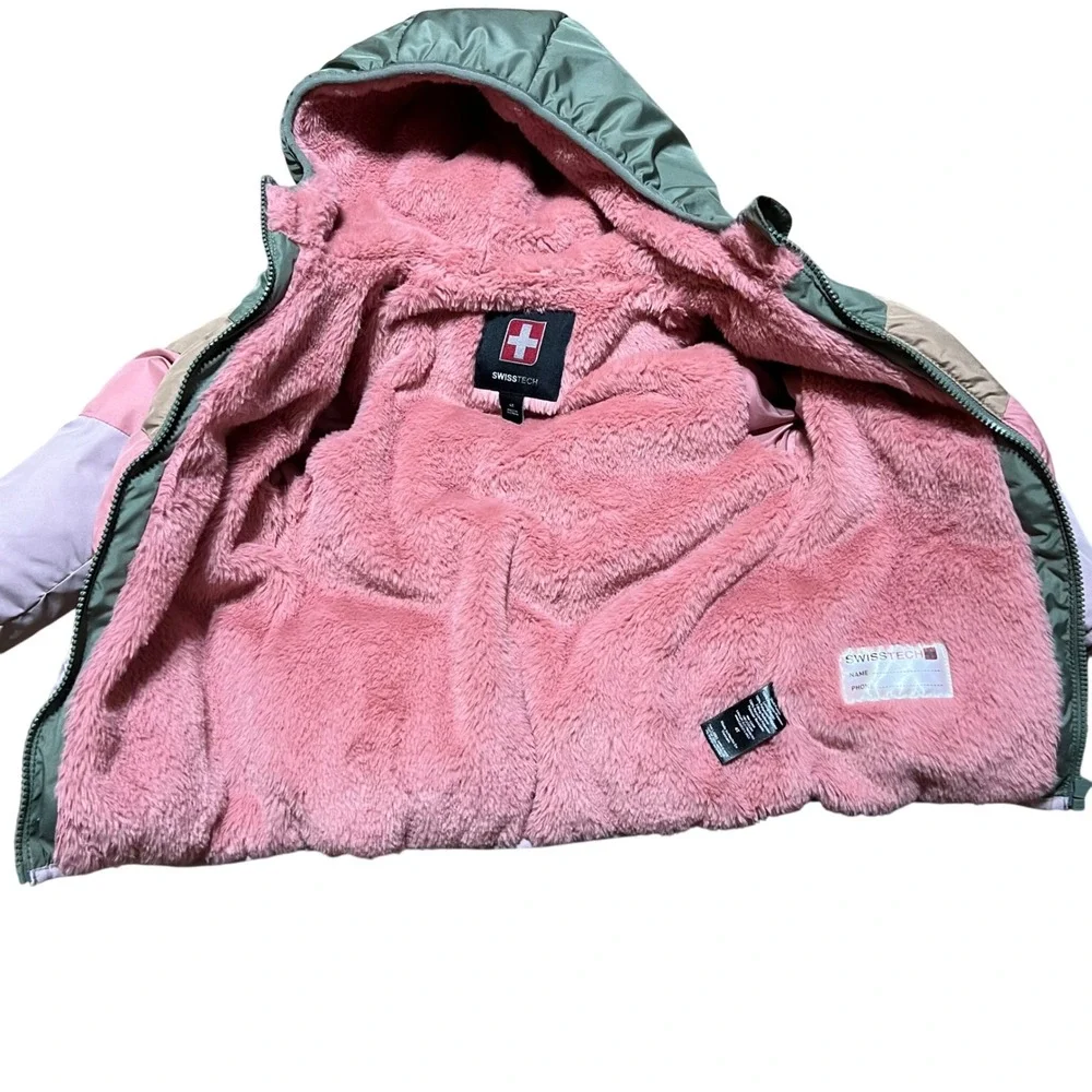 Swiss Tech Kids Girls 4T Puffer Jacket Pink Green Tan Lined Hooded Winter Coat‎